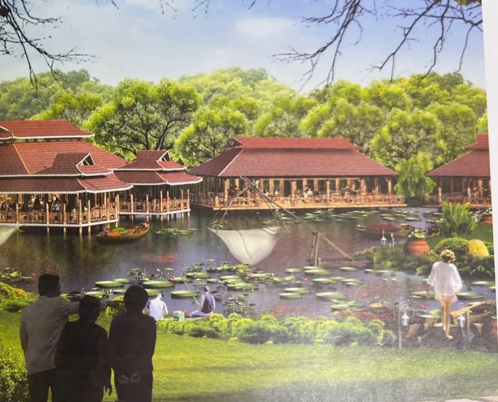 Phối cảnh khu resort HappyLand: nhà sàn mái ngói bên hồ sen
